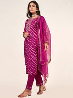 Thumbnail for Sangria Leheriya Printed Embroidered Straight Kurta With Trousers & Dupatta - Distacart