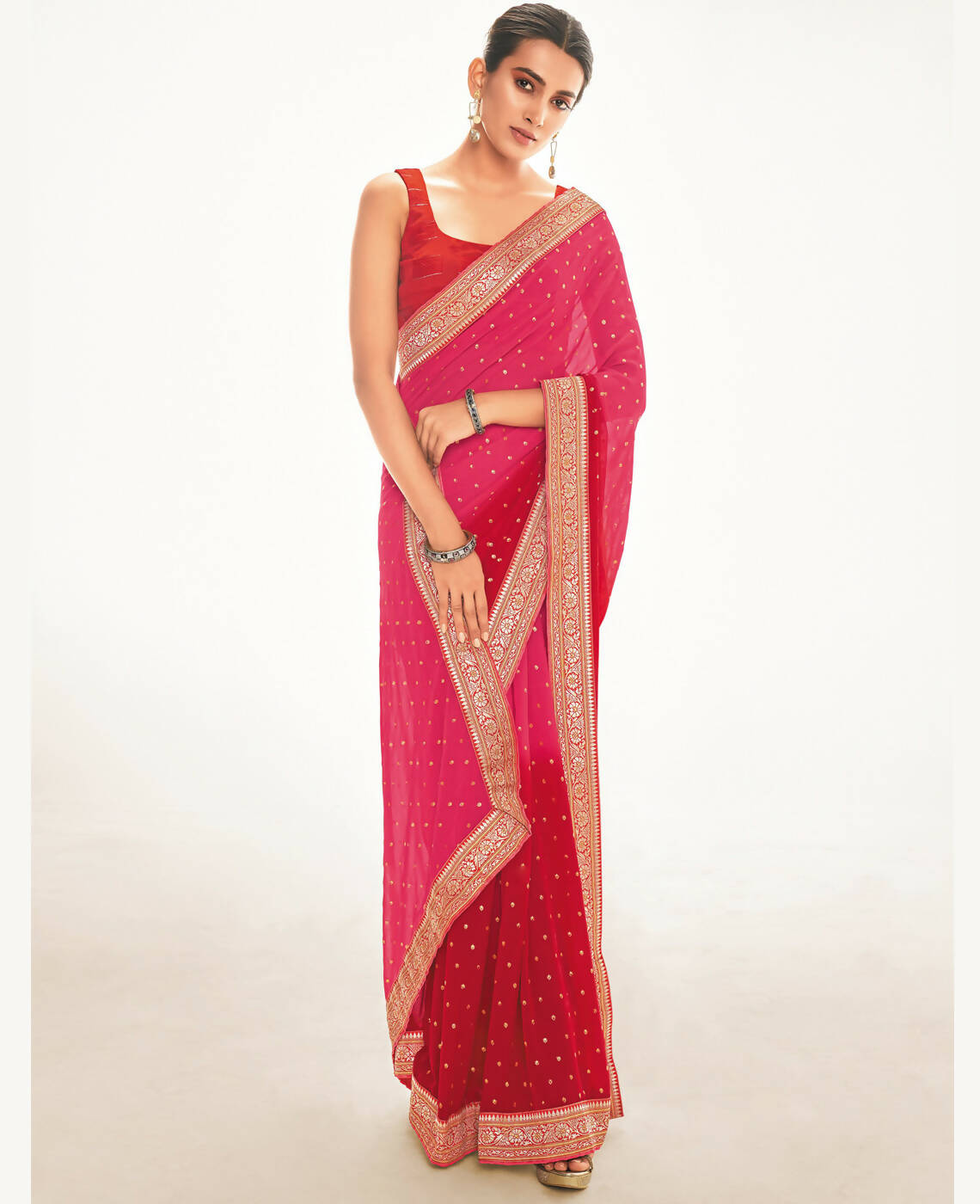 Pink Georgette Foil Printed Saree With Unstitched Blouse Piece - Nitya - Distacart