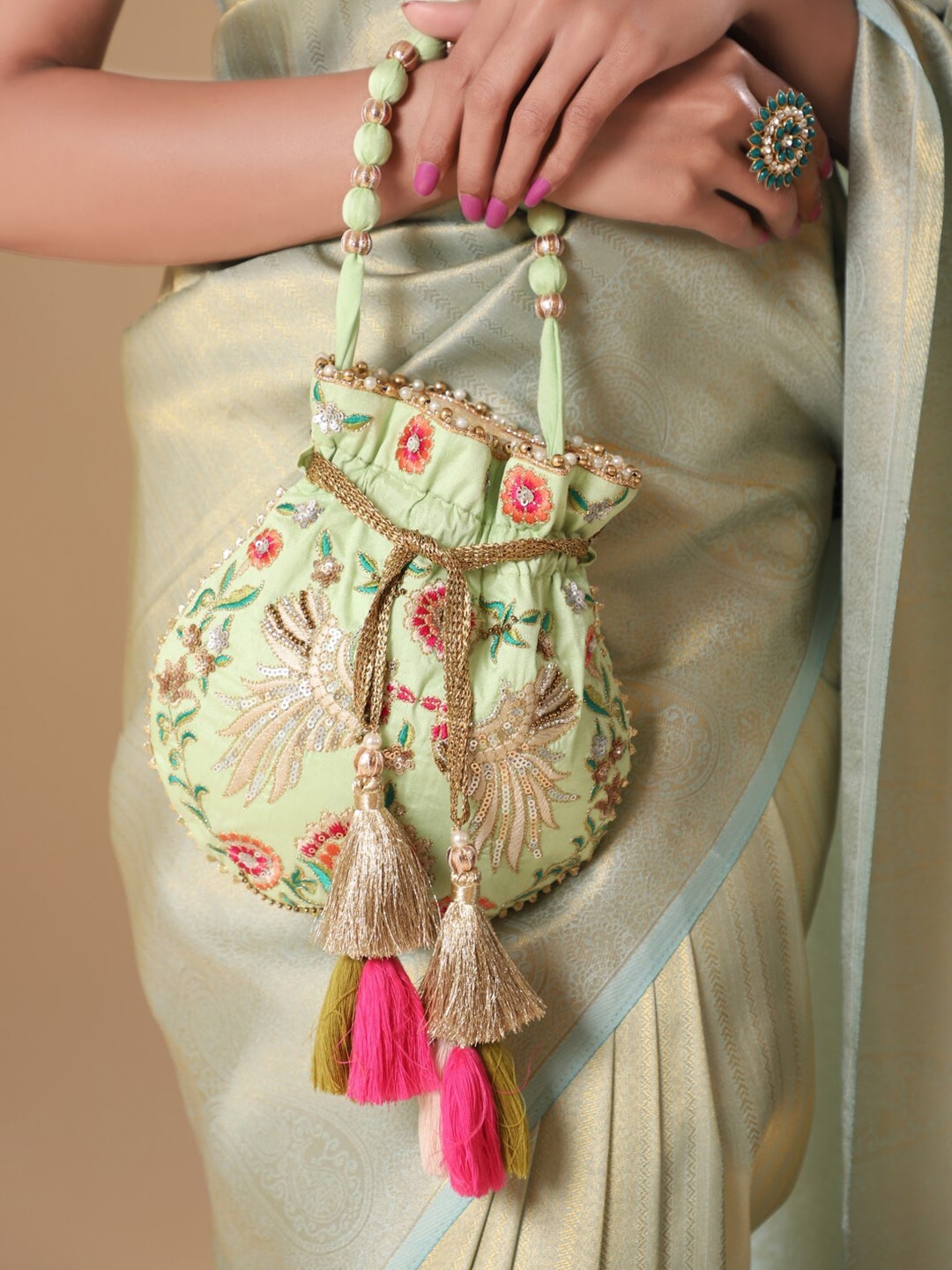 Masq Green & Red Embroidered Potli Clutch - Distacart