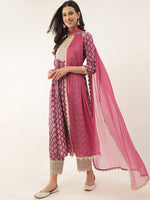 Thumbnail for Khushal K Ethnic Motifs Printed Zari Sequined A-Line Kurta with Palazzos & Dupatta - Distacart