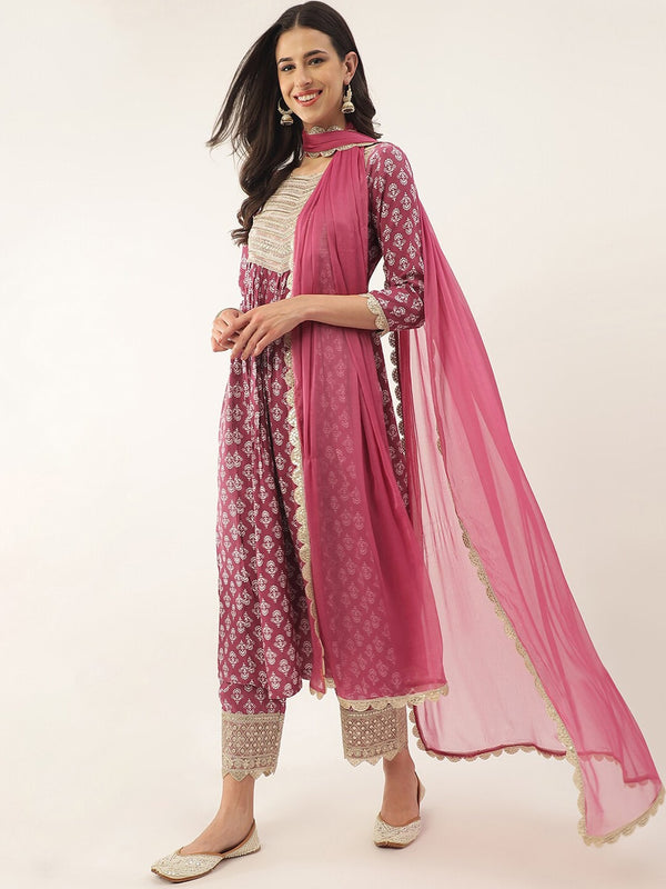 Khushal K Ethnic Motifs Printed Zari Sequined A-Line Kurta with Palazzos & Dupatta - Distacart