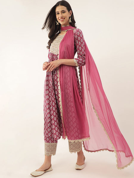 Khushal K Ethnic Motifs Printed Zari Sequined A-Line Kurta with Palazzos & Dupatta - Distacart