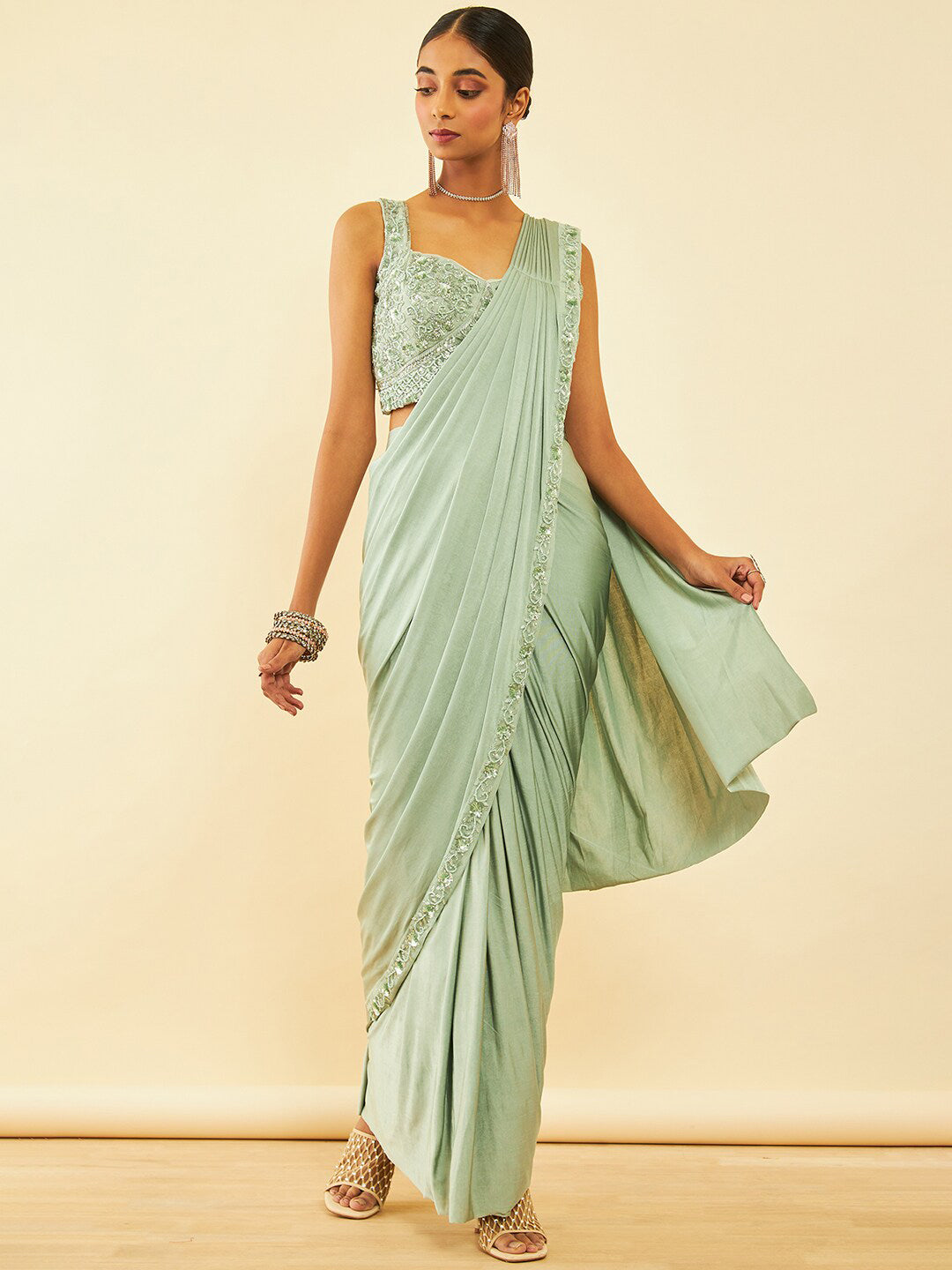 Soch Green Beads and Stones Embellished Ready to Wear Saree - Distacart
