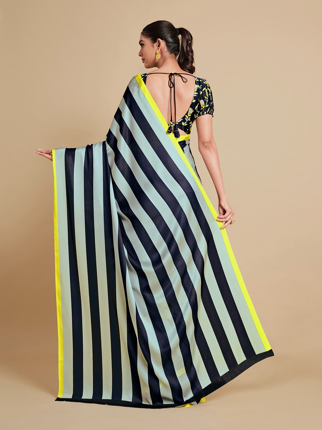 Sangria Navy Blue & Green Striped Satin Saree - Distacart