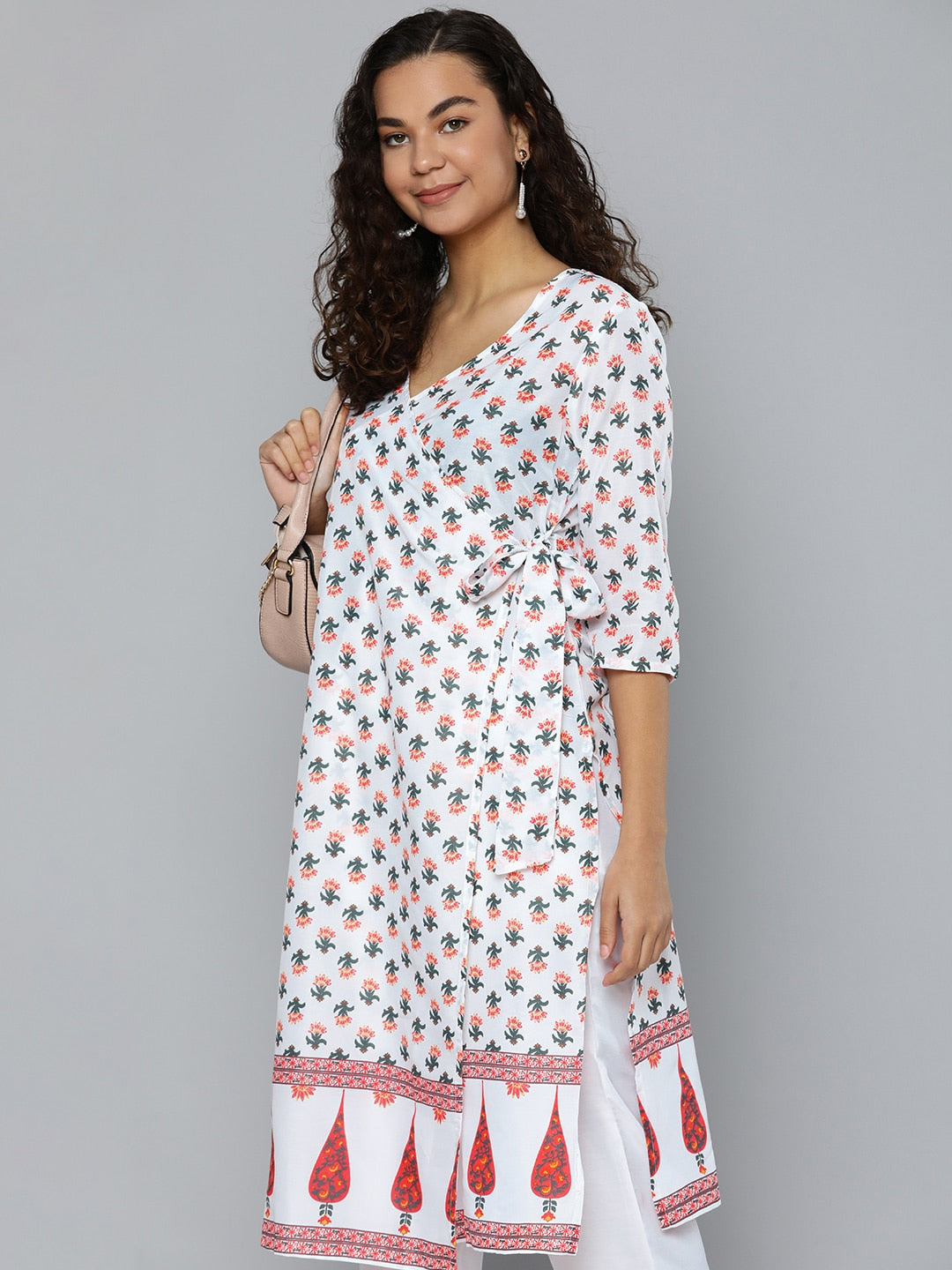 HERE&NOW Women White & Green Floral Printed Angrakha Kurta with Trousers - Distacart