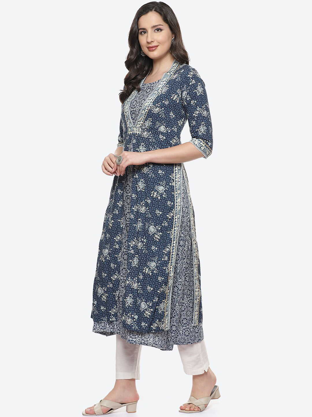 Biba Women Navy Blue & Beige Floral Printed Kurta - Distacart