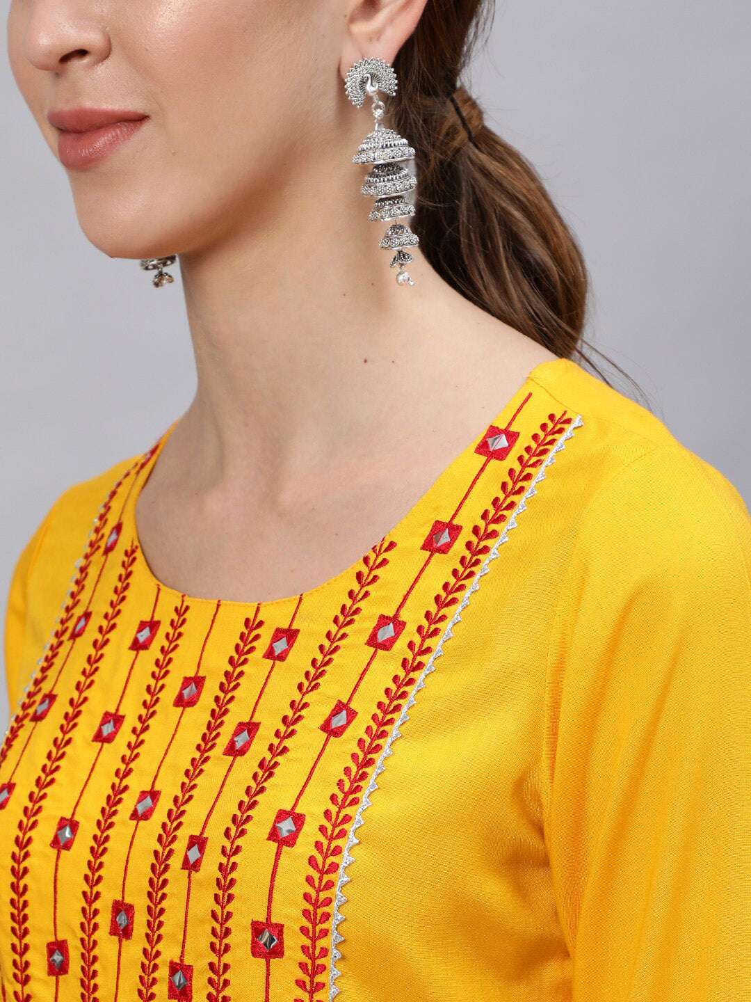 Jaipur Kurti Yellow & Red Yoke Design Mirror Work Women Kurta with Trousers & With Dupatta - Distacart