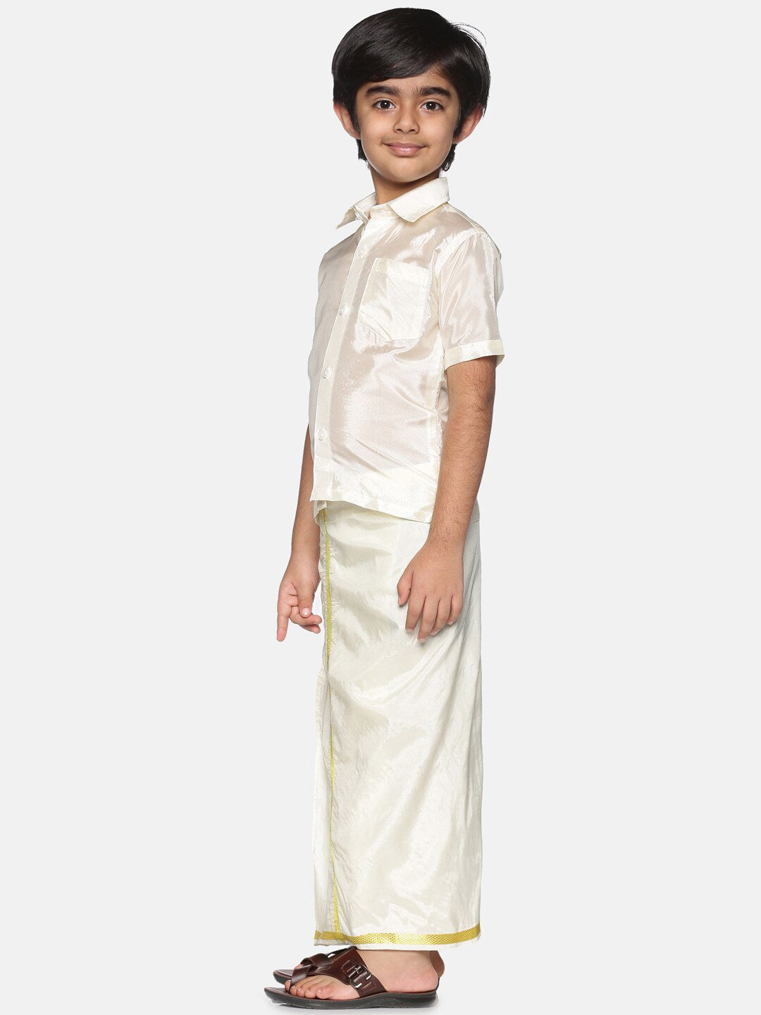 Sethukrishna Boys Cream-Coloured & Gold-Toned Shirt with Dhoti - Distacart