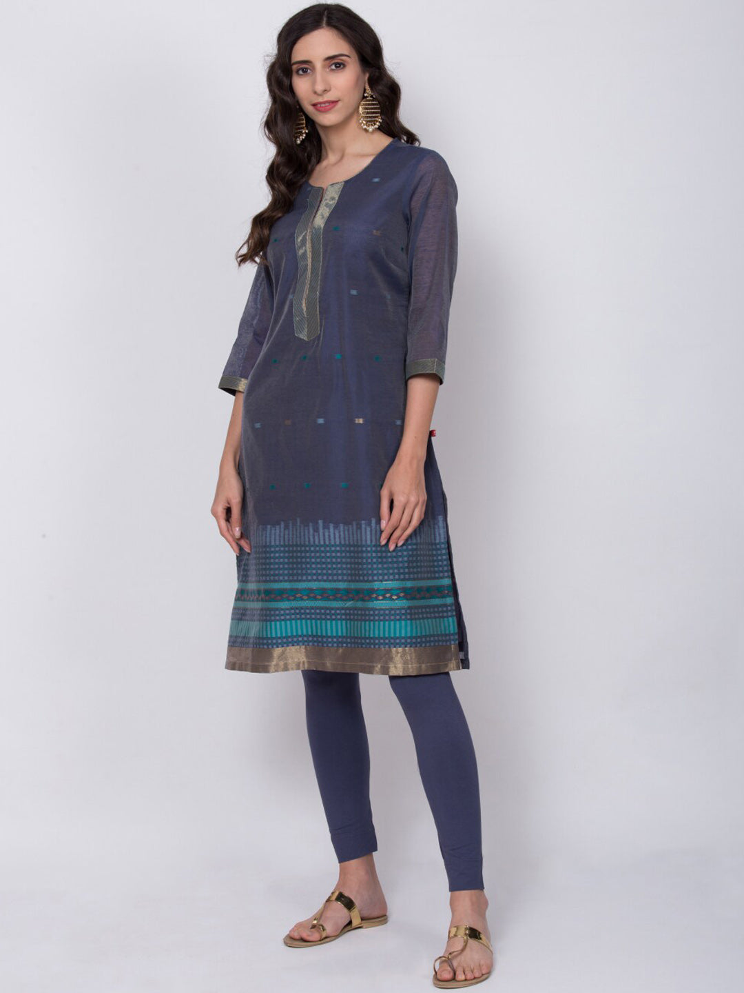 Biba Women Navy Blue Woven Design Kurta with Churidar & Dupatta - Distacart