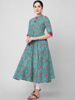 Thumbnail for Kalini Women Blue Floral Printed Thread Work Handloom Anarkali Kurta - Distacart