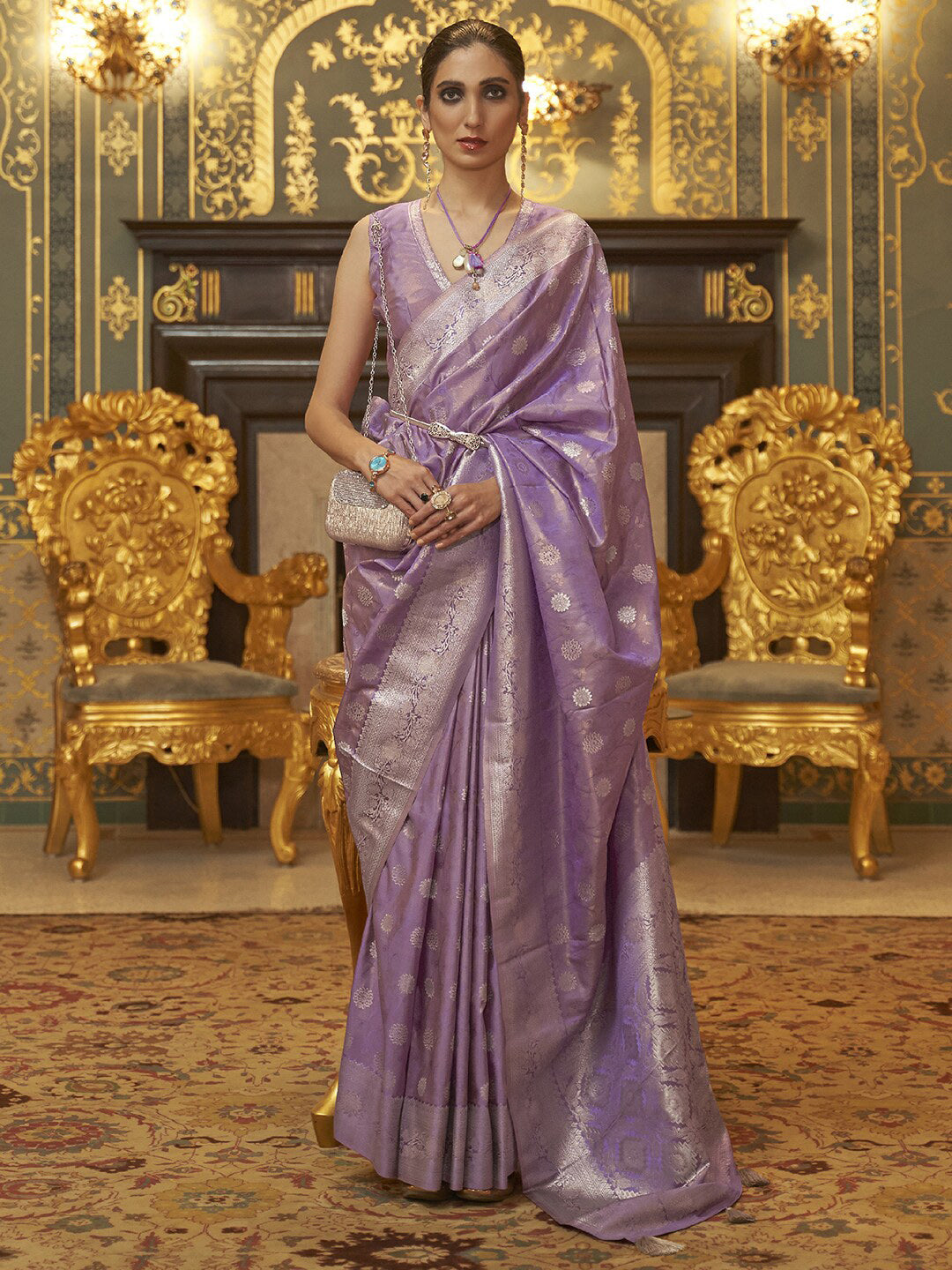 Mitera Lavender & Gold-Toned Ethnic Motifs Zari Silk Blend Banarasi Saree - Distacart