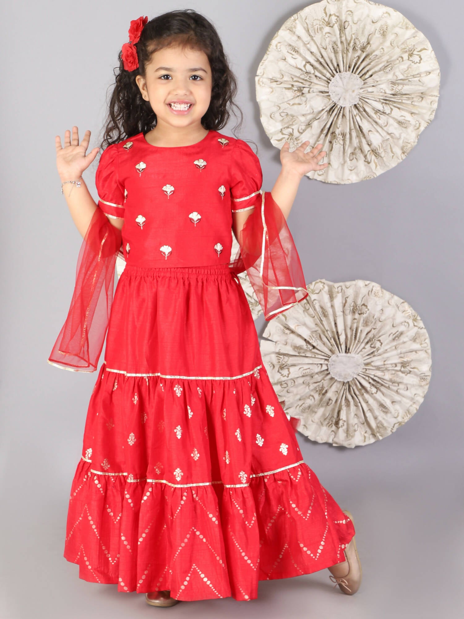 Lil Drama Girls Choli With Ghaghra & Dupatta Set - Red - Distacart