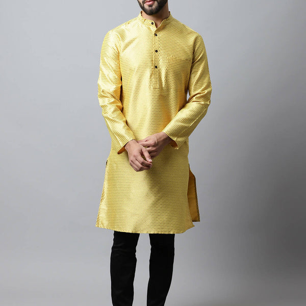 Even Apparels Yellow Color Art Silk Banarsi Silk Men's Kurta With Band Collar (BS017) - Distacart