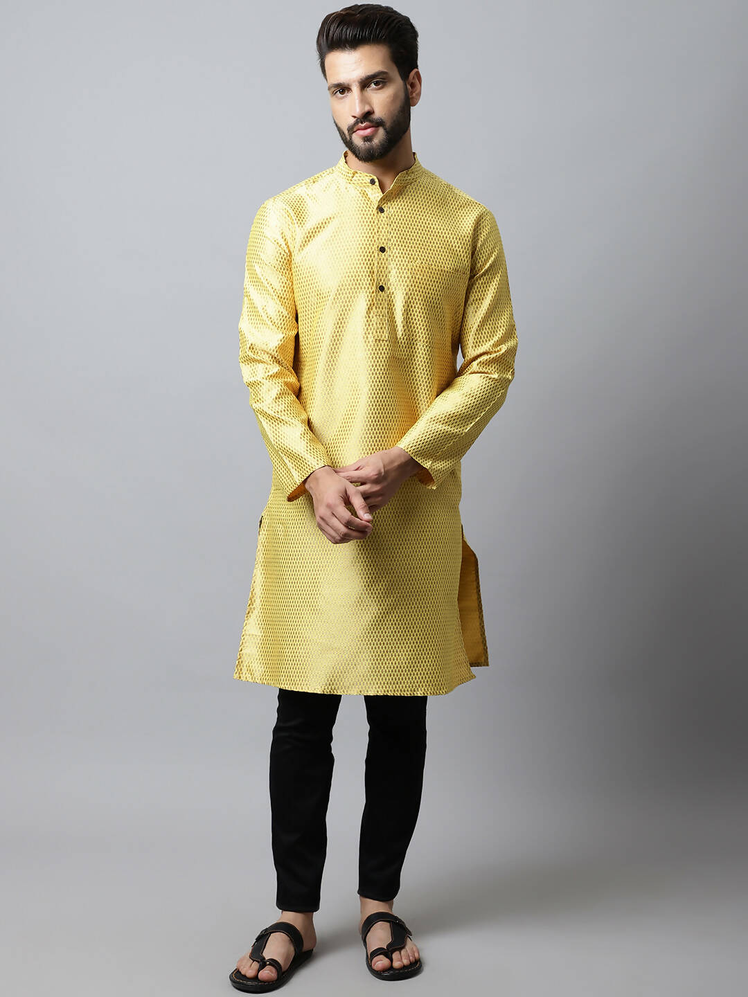 Even Apparels Yellow Color Art Silk Banarsi Silk Men's Kurta With Band Collar (BS017) - Distacart
