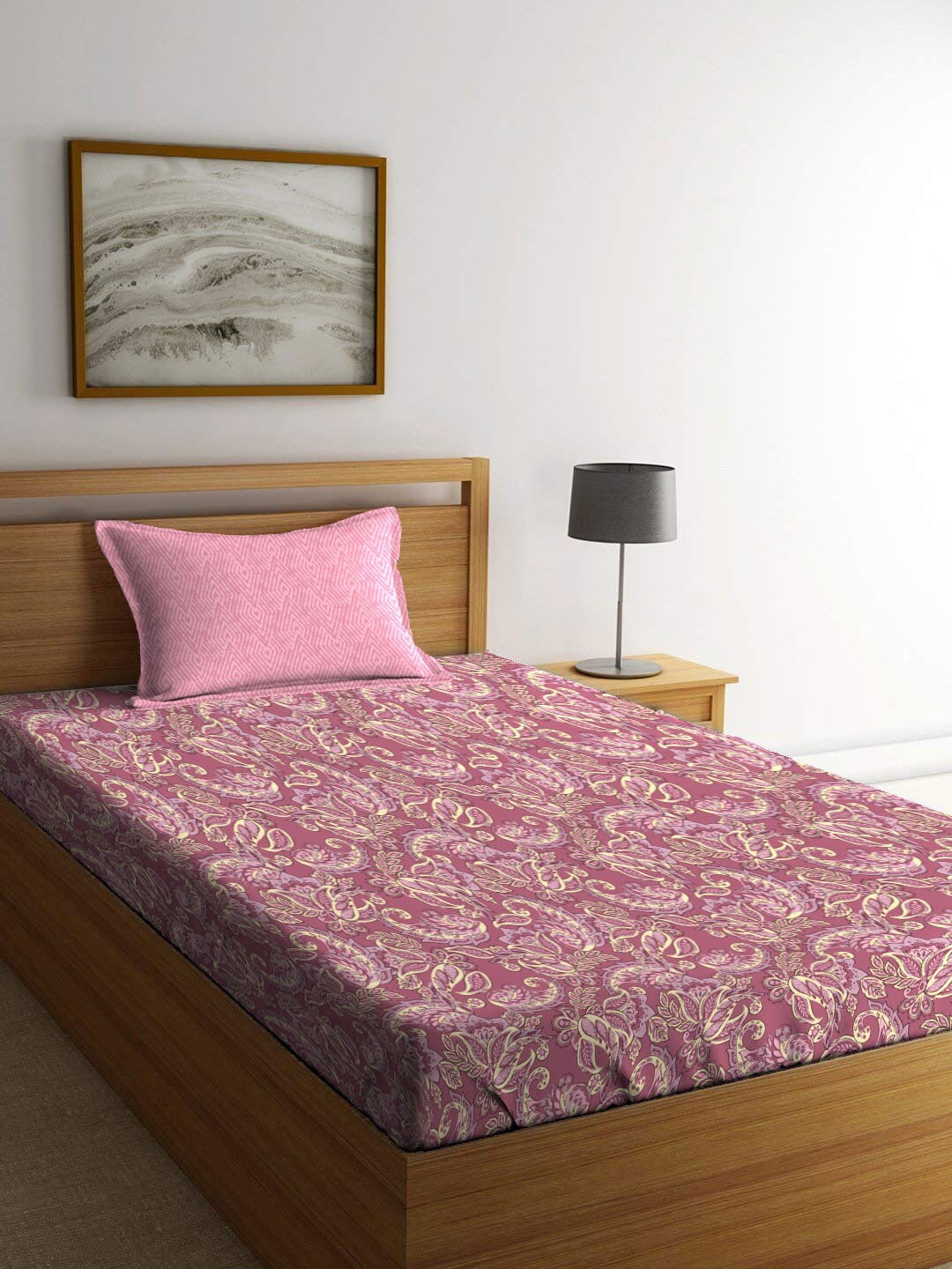 MYTRIDENT Maroon & White Ethnic Motifs Cotton 120 TC Single Bedsheet With 1 Pillow Cover - Distacart