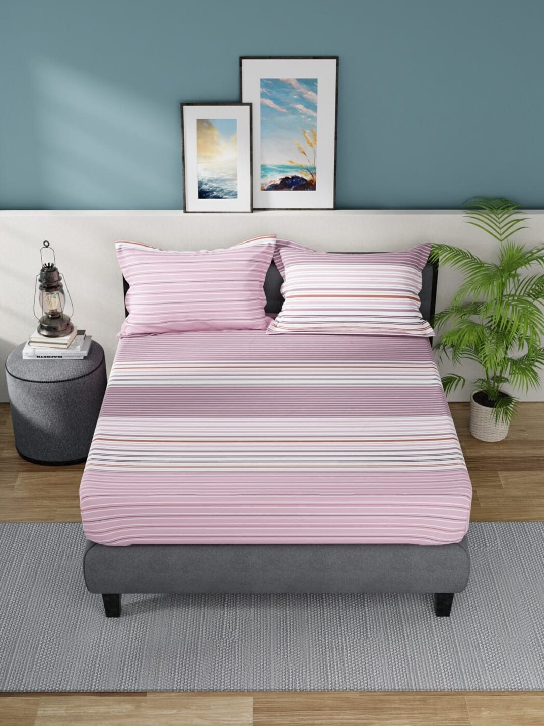 Nautica Bradford Pink & White Striped Cotton 160 TC King Bedsheet with 2 Pillow Covers - Distacart