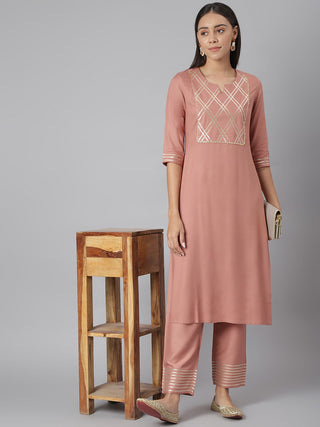 Khushal K Women Peach-Coloured Slim Fit Yoke Design Kurta with Palazzos - Distacart