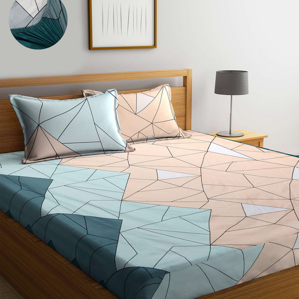 KLOTTHE Blue & Pink Geometric 300 TC King Fitted Bedsheet With 2 Pillow Covers - Distacart