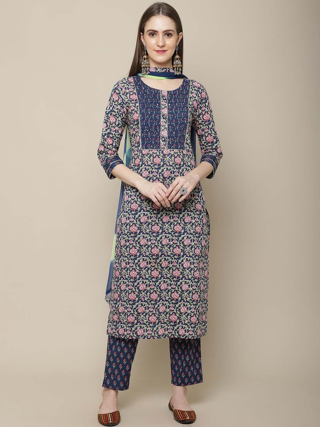 Sangria Women Navy Blue Floral Printed Pure Cotton Kurti with Trousers & With Dupatta - Distacart