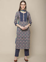 Thumbnail for Sangria Women Navy Blue Floral Printed Pure Cotton Kurti with Trousers & With Dupatta - Distacart