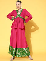 Thumbnail for InWeave Women's Fuchsia Green Brocade Mughal Shaan Kurta Palazzo Set - Distacart