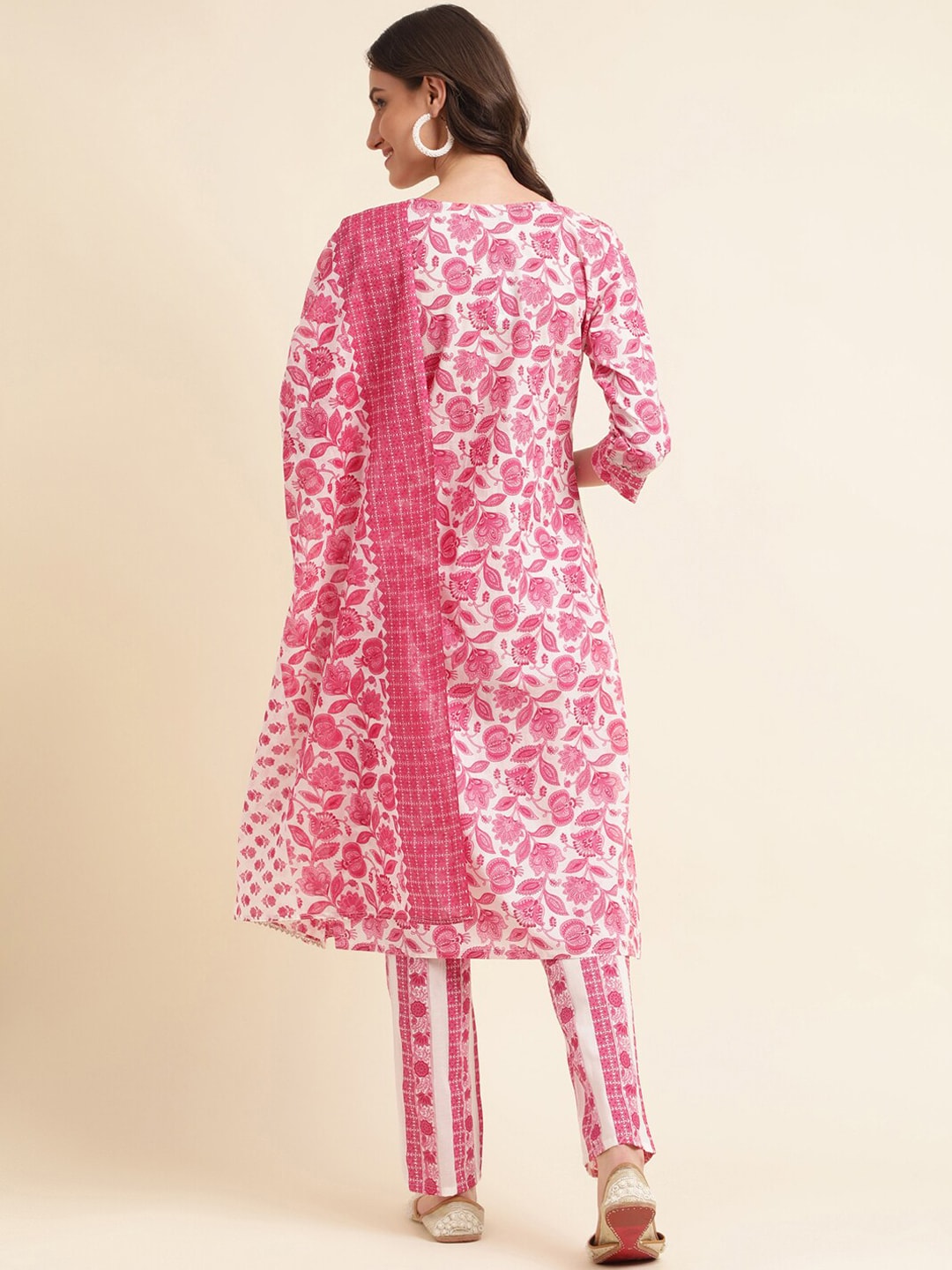 Sangria Pink & White Floral Printed Pure Cotton Straight Kurta With Trouser & Dupatta - Distacart