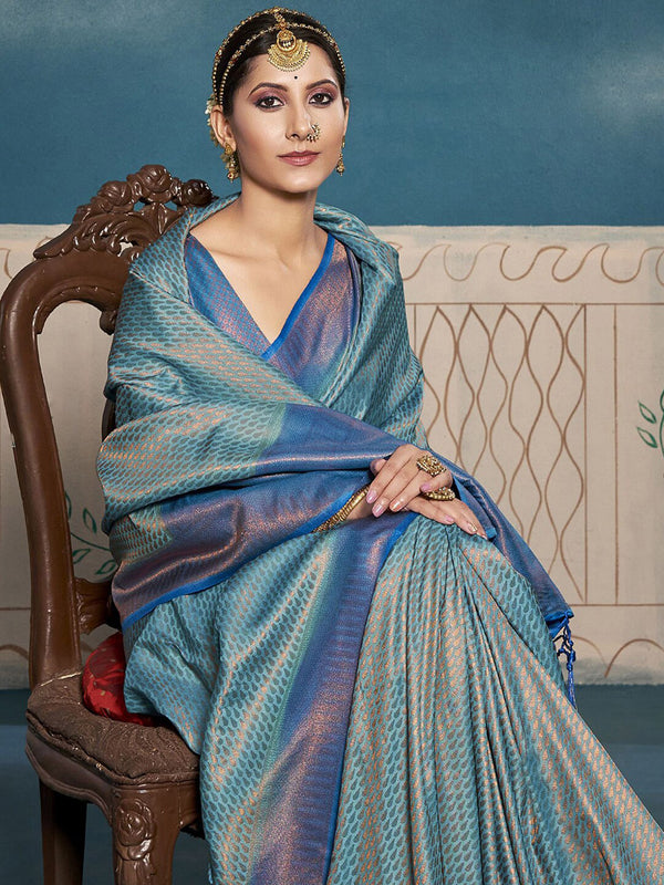 Mitera Turquoise Blue & Gold-Toned Ethnic Motifs Woven Design Zari Saree - Distacart