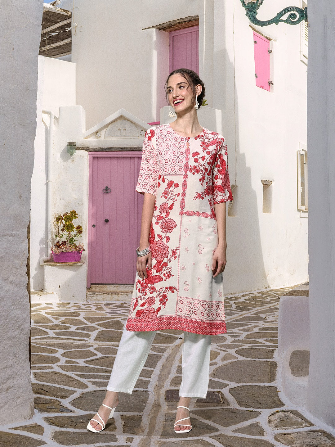 Sangria Women Floral Printed Keyhole Neck Floral Kurta - Distacart