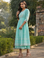 Thumbnail for Juniper Women's Aqua Cambric Floral Printed Double Layered Kalidar Dress - Distacart