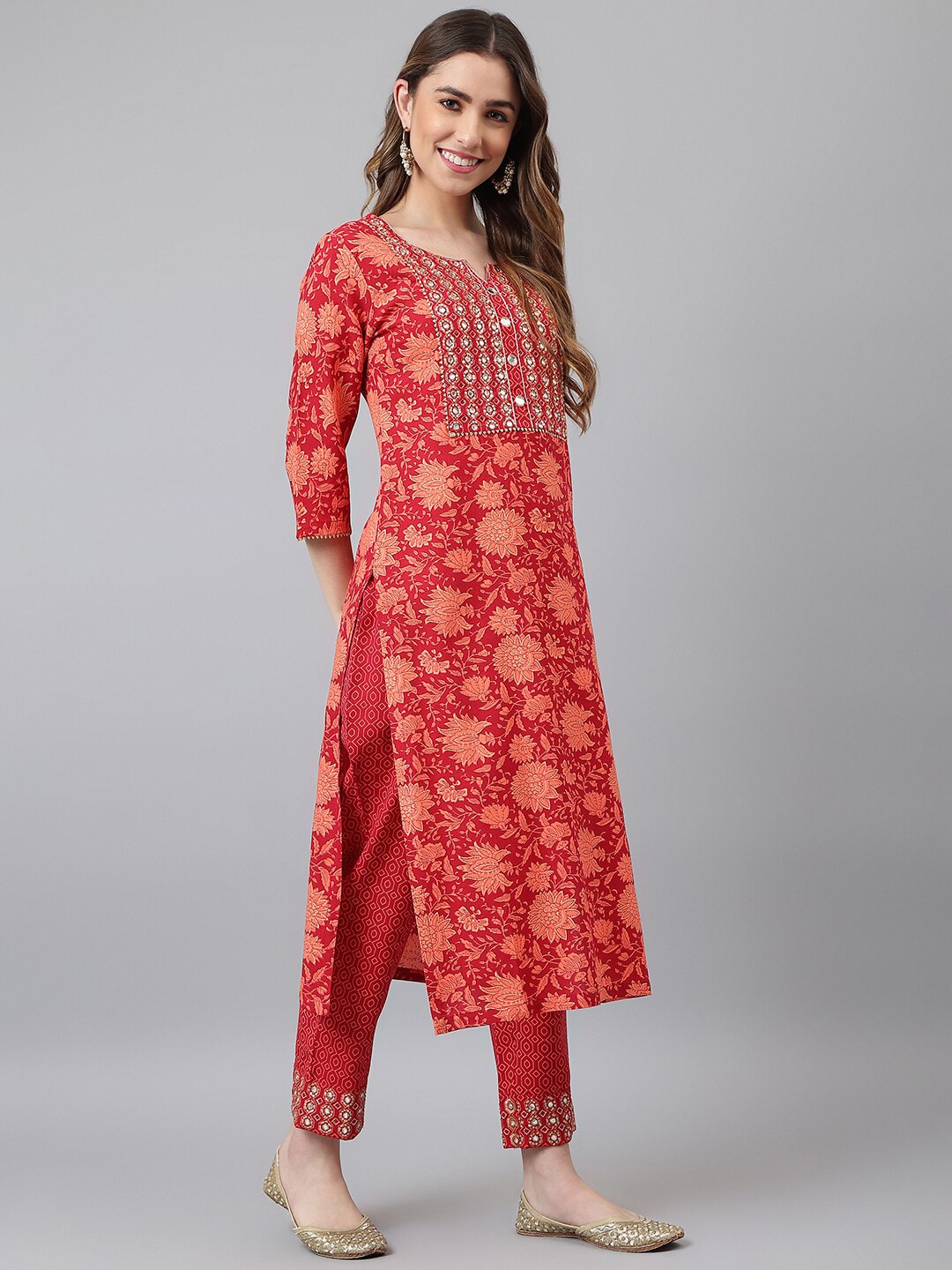Khushal K Women Orange Floral Printed Mirror Work Kurta With Trousers & Dupatta - Distacart