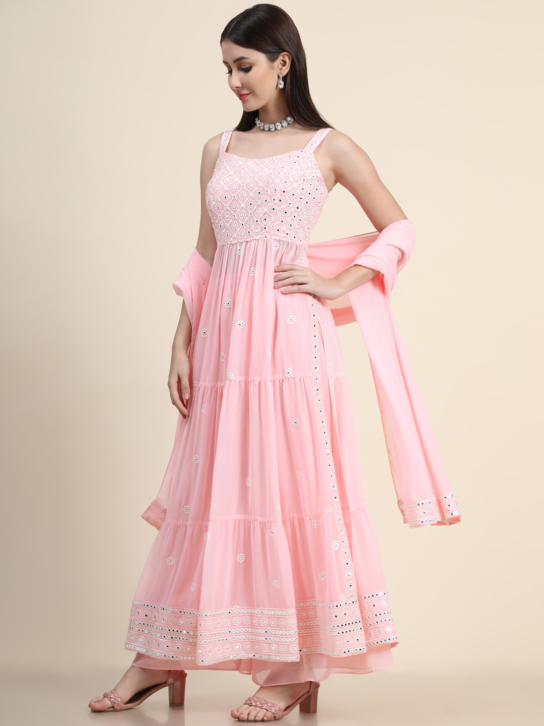 Kalini Women Pink Floral Embroidered Mirror Work Kurta with Palazzos & With Dupatta - Distacart