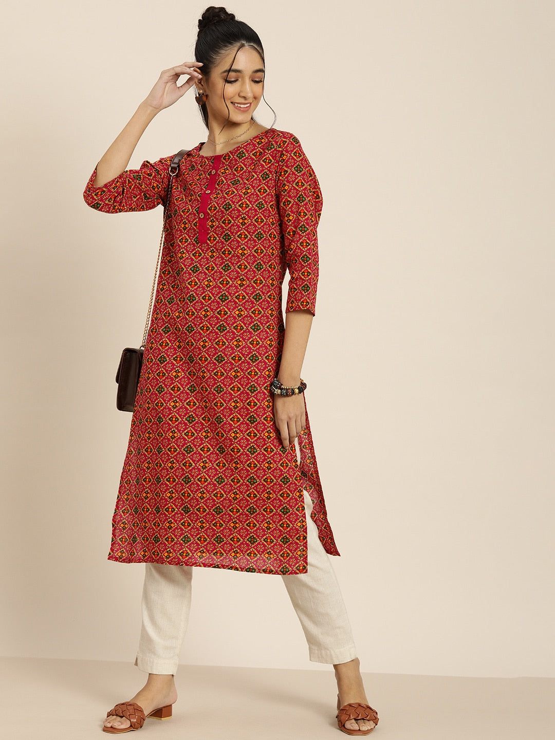 Sangria Women Pink & Green Pure Cotton Bandhani Printed Kurta - Distacart