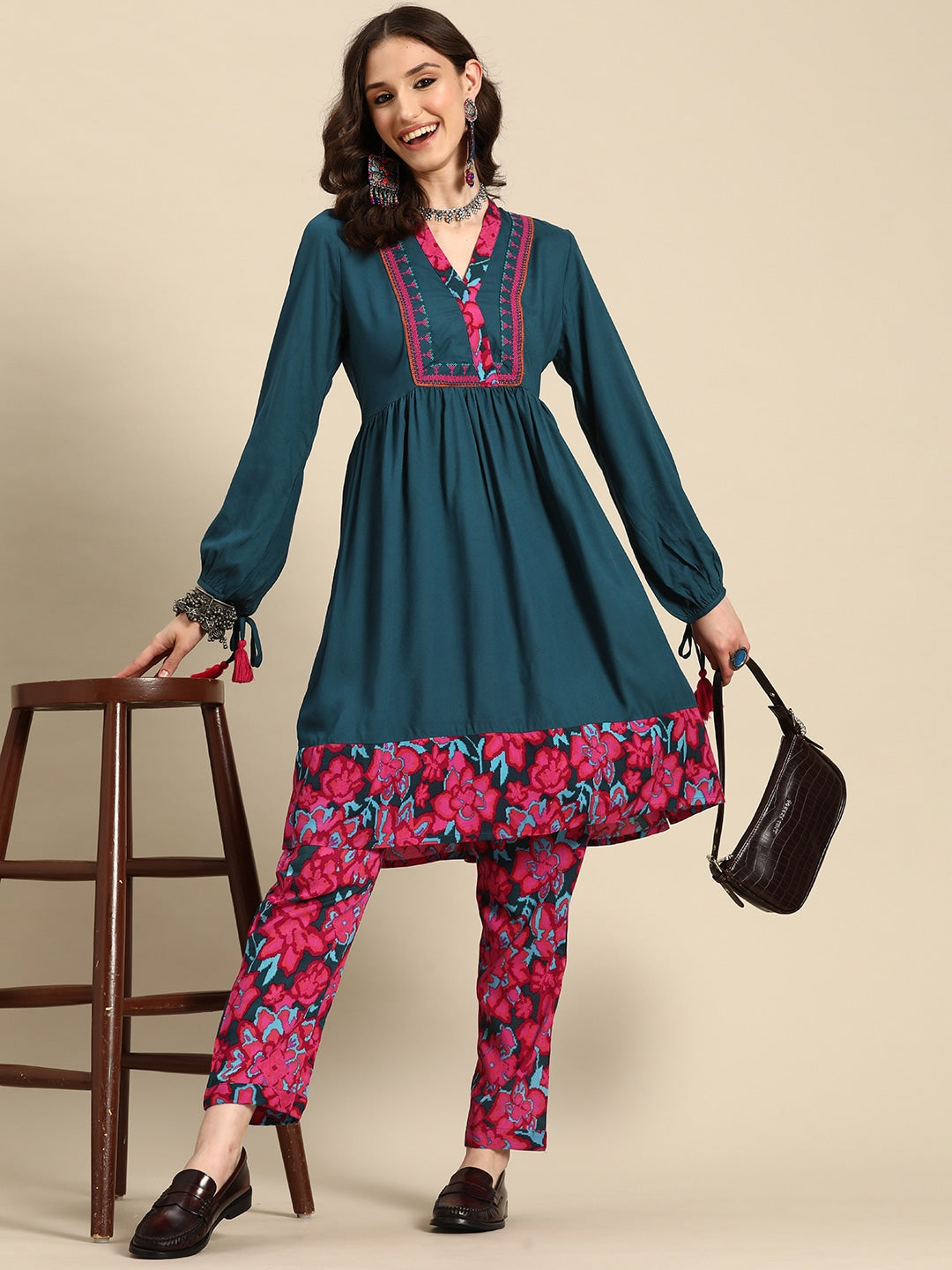 Sangria Women Floral Printed Gathered A-Line Kurta with Trousers - Distacart