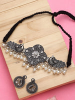 Thumbnail for Cardinal Silver-Toned Black Colored Oxidized Choker Jewellery Set - Distacart