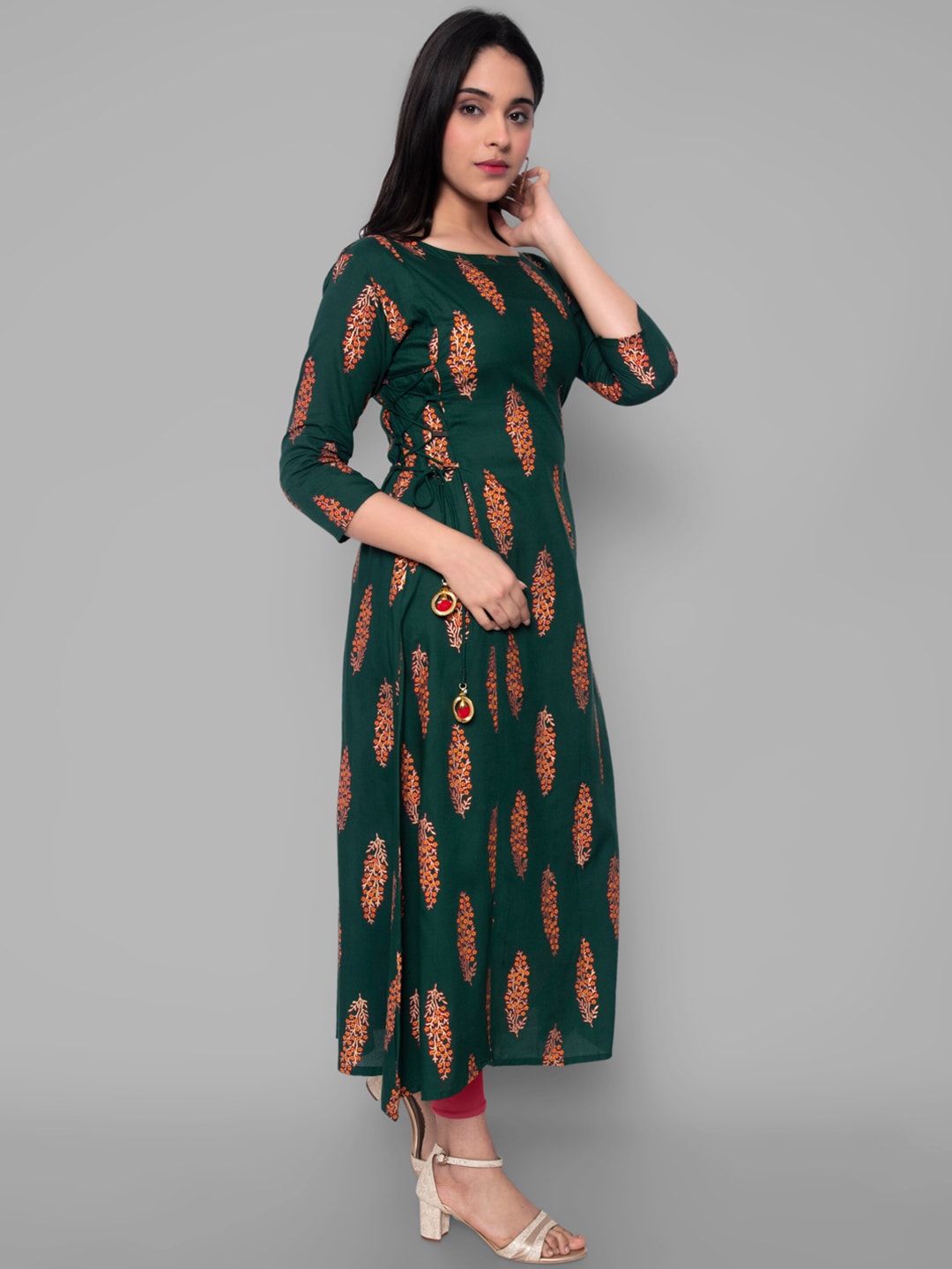 Kalini Women Green Ethnic Motifs Printed Flared Sleeves Handloom Kurta - Distacart