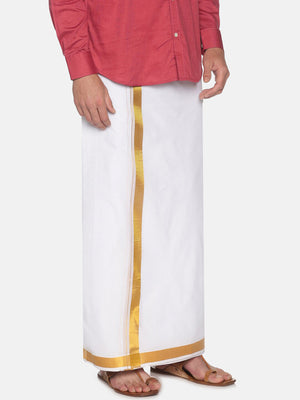 Sethukrishna Men White & Gold-Coloured Solid Cotton Dhoti - Distacart