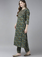 Thumbnail for Yufta Women Olive Green Floral Yoke Design Pure Cotton Kurta with Palazzo and Dupatta