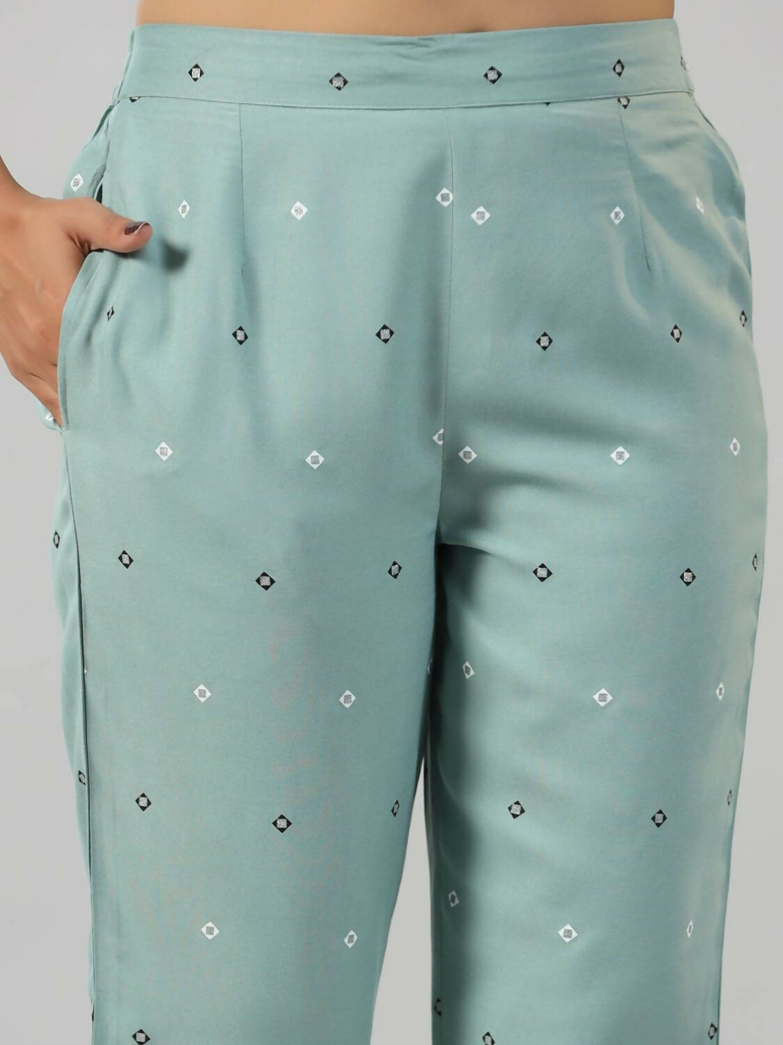 Juniper Women Sage Green Rayon Staple printed Kurta and Pants Set - Distacart