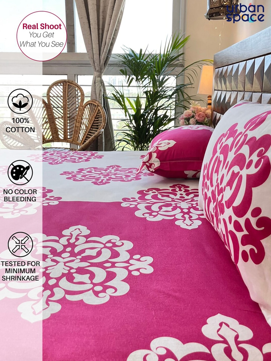 URBAN SPACE Divine White Ethnic Motifs 144 TC Cotton Queen Bedsheet & 2 Pillow Covers - Distacart