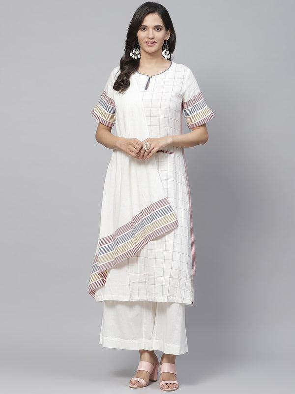 Biba Women Off-White & Blue Checked Layered Kurta with Palazzos - Distacart