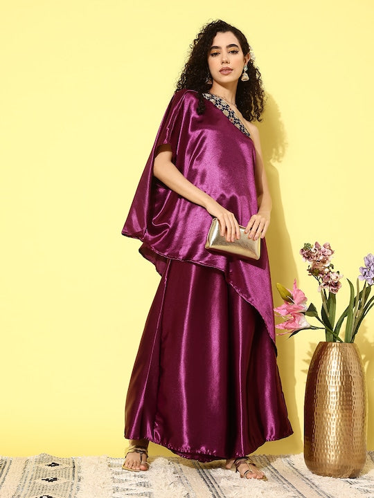 InWeave Women's Wine Navy Brocade Satin Oneshoulder Kurta Set - Distacart