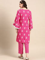 Thumbnail for Sangria Pink Ethnic Motifs Printed Pure Cotton Kurta With Trouser - Distacart