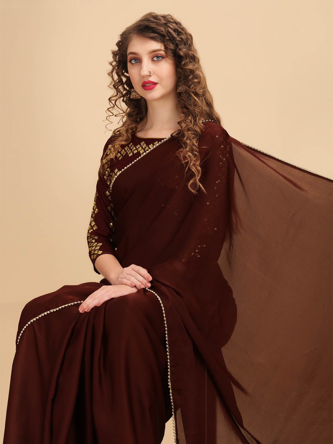 Sangria Coffee Brown & Golden Embroidered Satin Saree - Distacart