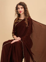 Thumbnail for Sangria Coffee Brown & Golden Embroidered Satin Saree - Distacart