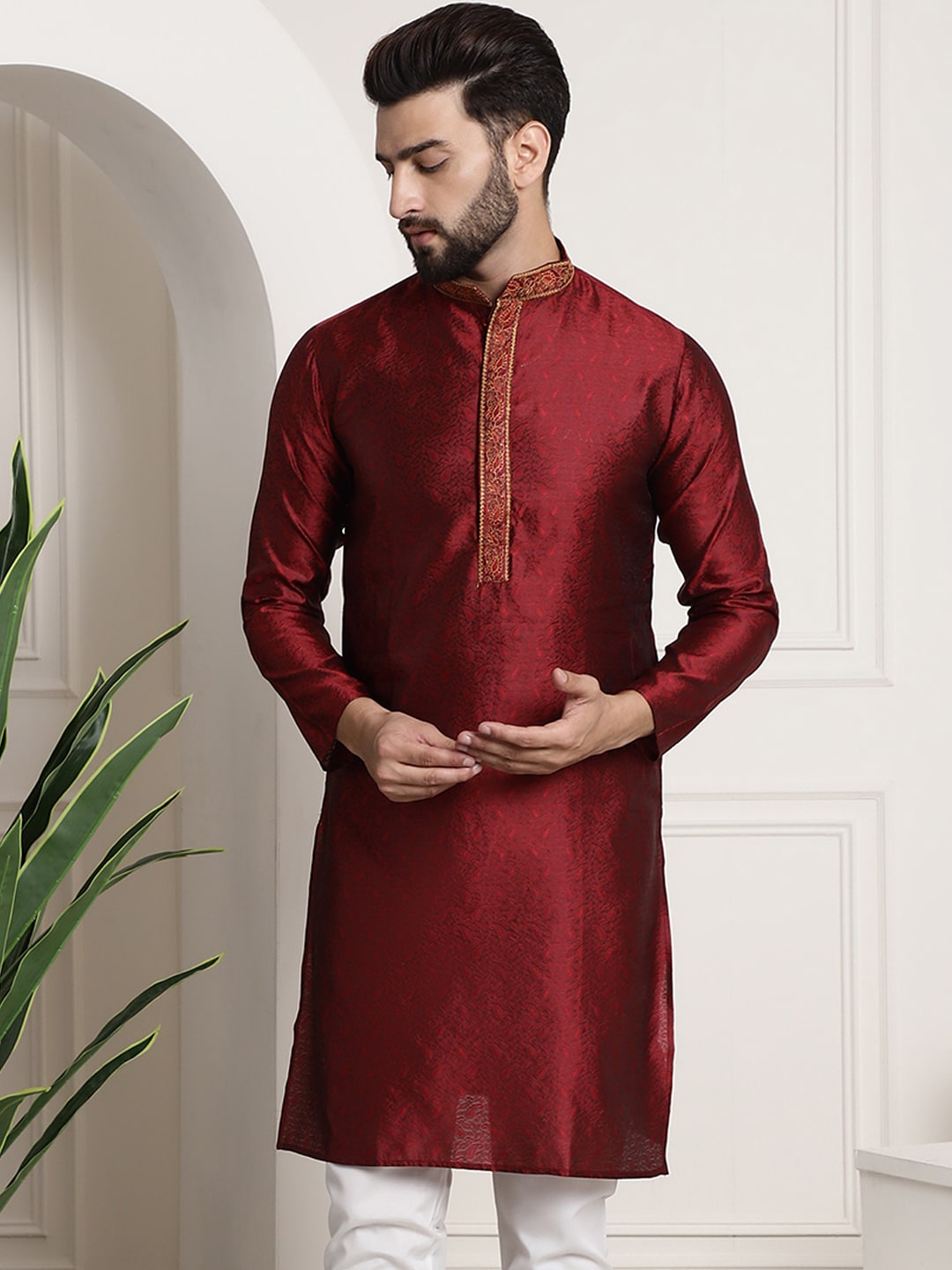 Sojanya Men Red Embroidered Straight Kurta - Distacart