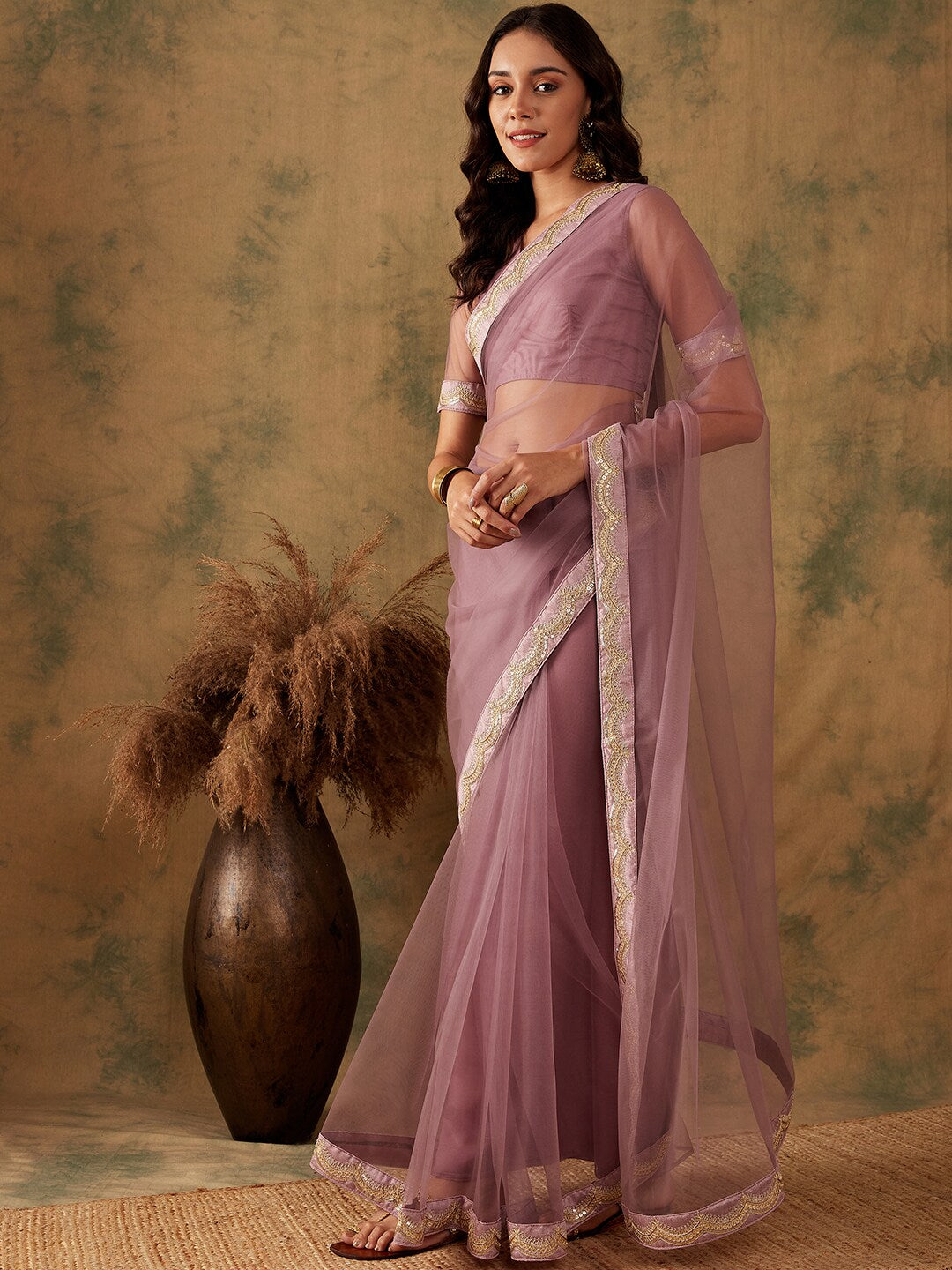 Sangria Mauve Zari Embroidered and Sequinned Net Saree - Distacart