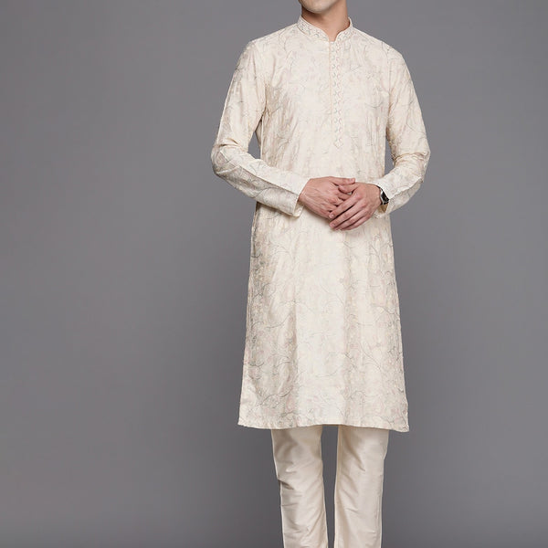Manyavar Men Cream-Coloured Ethnic Motifs Printed Thread Work Kurta with Churidar - Distacart