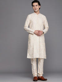 Thumbnail for Manyavar Men Cream-Coloured Ethnic Motifs Printed Thread Work Kurta with Churidar - Distacart
