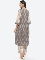 Thumbnail for Biba Women Grey & Beige Ethnic Motifs Printed Pleated Pure Cotton Kurta with Palazzos - Distacart