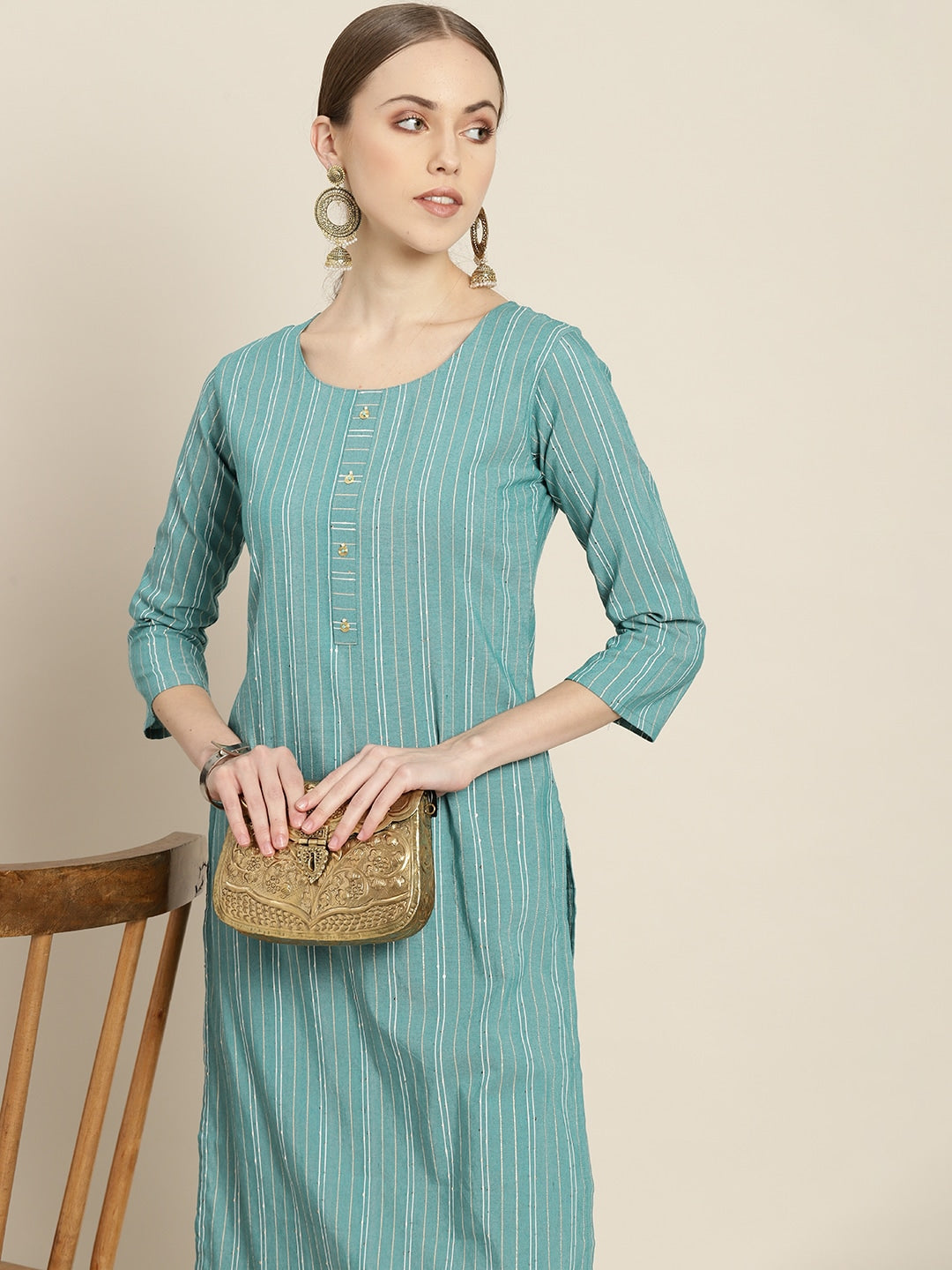 Sangria Women Sea Green & White Striped Sequin Detail Kurta - Distacart